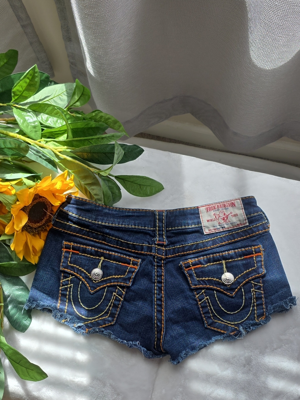 True Religion Dark Blue Denim Cutoff Shorts with Contrast Stitching